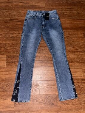 Blue Denim Jeans with Black Bandana Side Insets